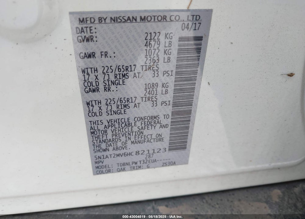 2017 NISSAN ROGUE VIN: 5N1AT2MV6HC821123