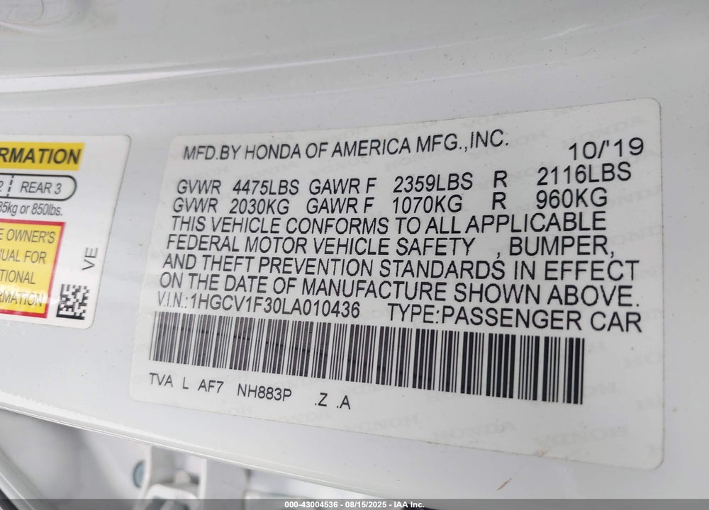 2020 HONDA ACCORD VIN: 1HGCV1F30LA010436