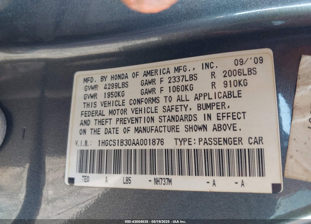 2010 HONDA ACCORD 2.4 LX-S VIN: 1HGCS1B30AA001876