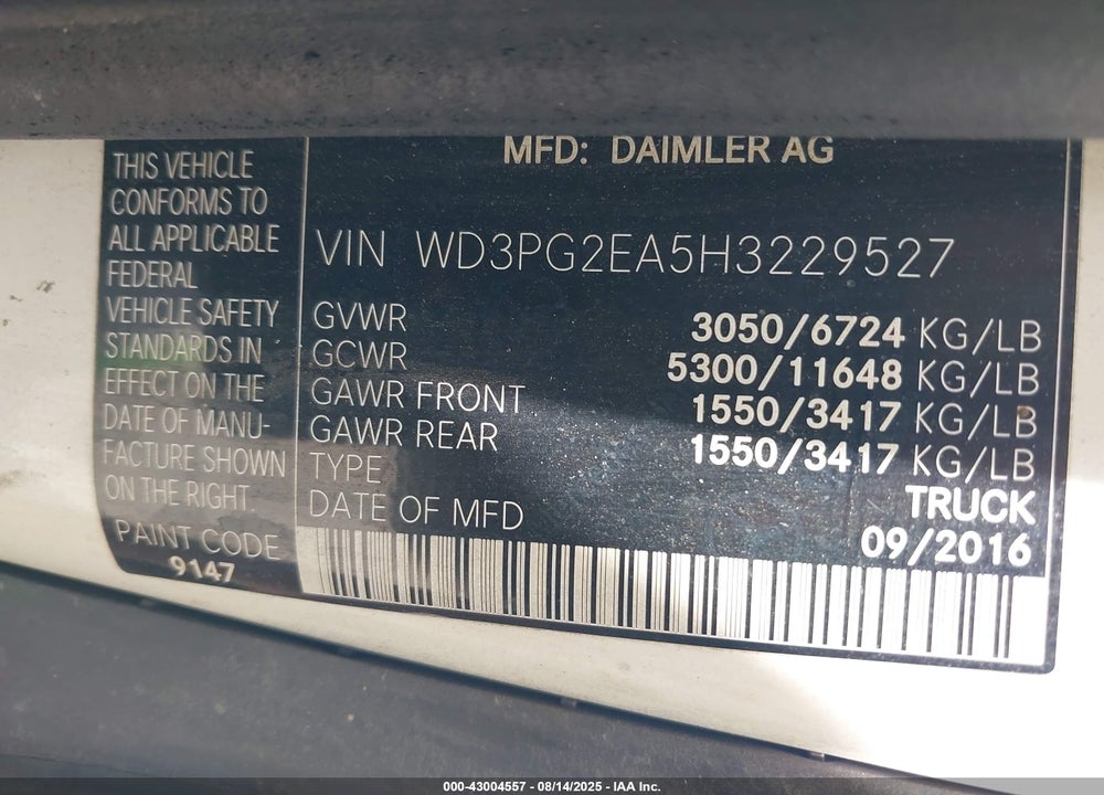 2017 MERCEDES-BENZ METRIS VIN: WD3PG2EA5H3229527
