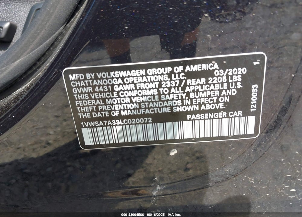 2020 VOLKSWAGEN PASSAT VIN: 1VWSA7A33LC020072