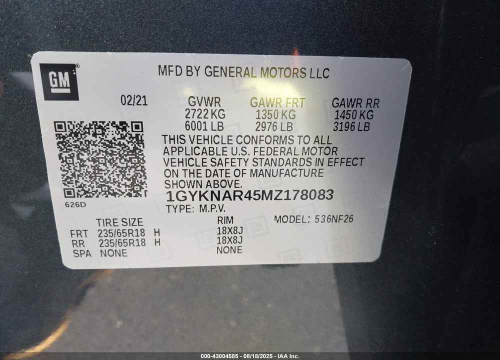2021 CADILLAC XT5 VIN: 1GYKNAR45MZ178083