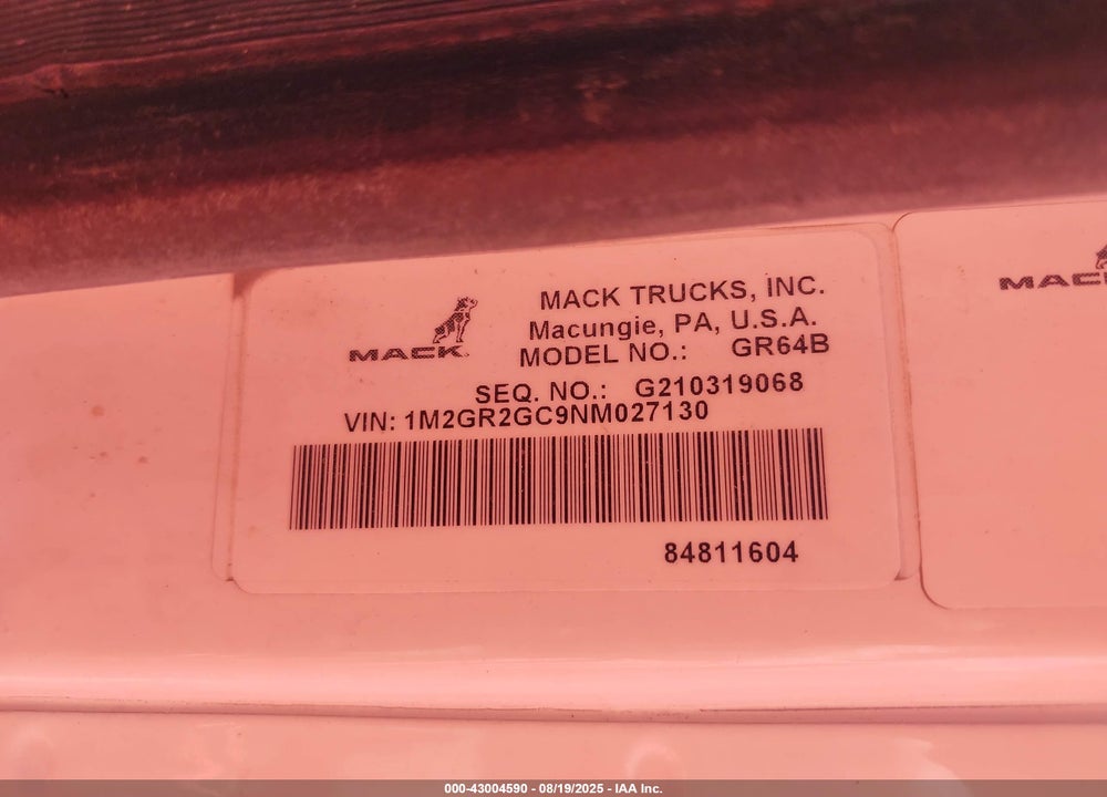 2022 MACK GRANITE VIN: 1M2GR2GC9NM027130