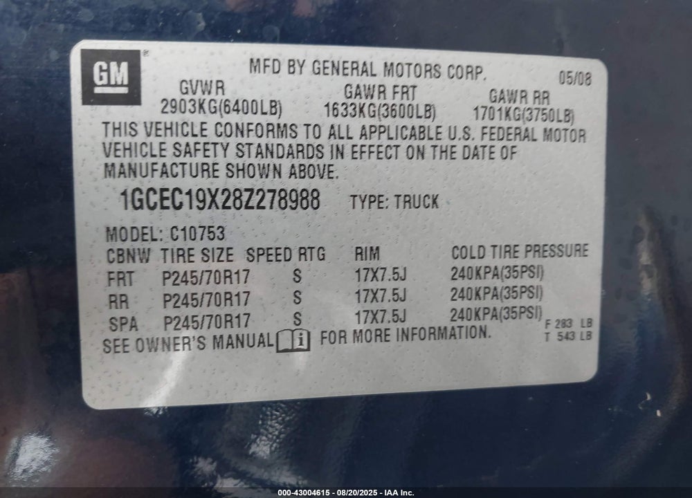 2008 CHEVROLET SILVERADO 1500 WORK TRUCK VIN: 1GCEC19X28Z278988