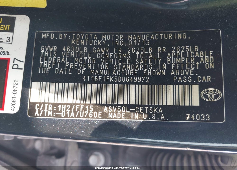 2013 TOYOTA CAMRY SE VIN: 4T1BF1FK5DU649972