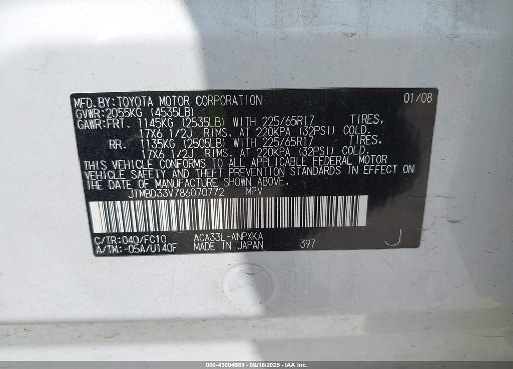 2008 TOYOTA RAV4 VIN: JTMBD33V786070772