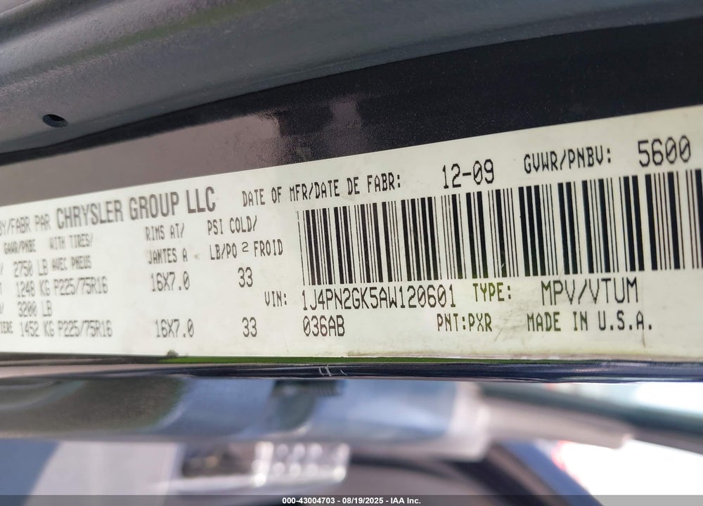 2010 JEEP LIBERTY VIN: 1J4PN2GK5AW120601