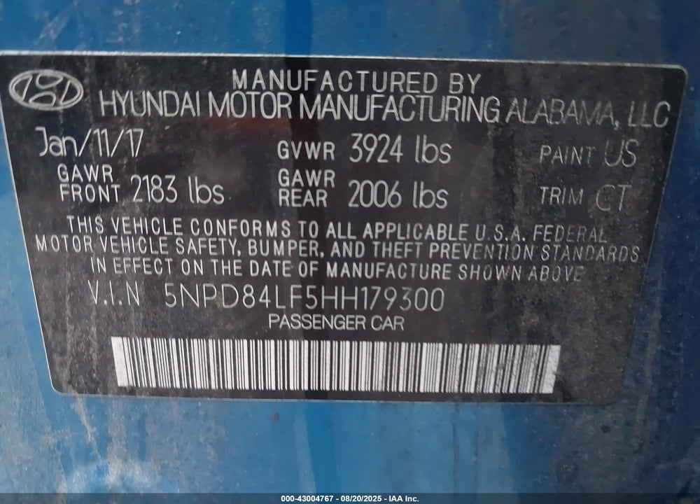 2017 HYUNDAI ELANTRA VIN: 5NPD84LF5HH179300