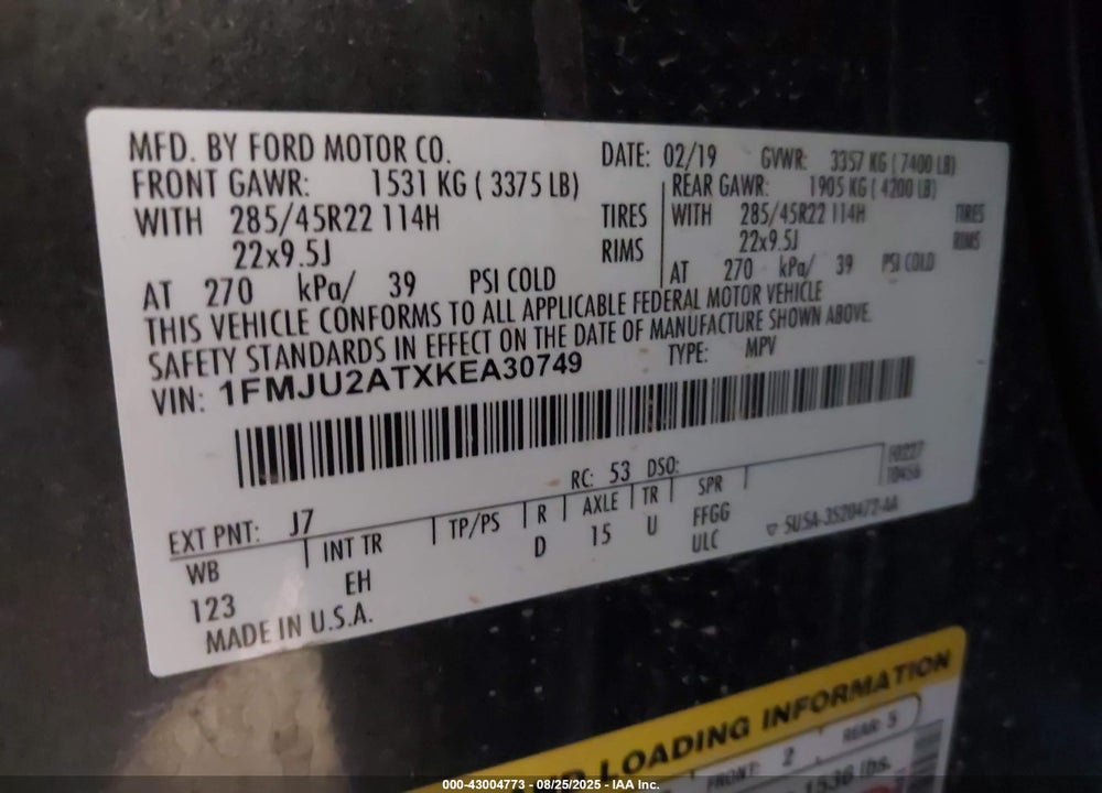 2019 FORD EXPEDITION VIN: 1FMJU2ATXKEA30749