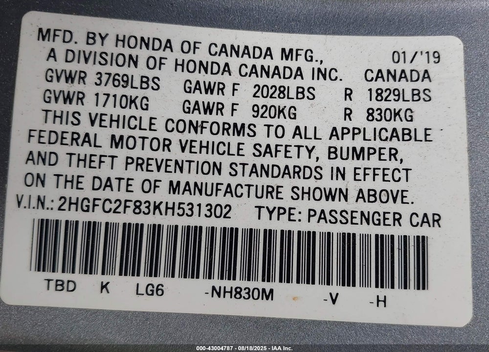 2019 HONDA CIVIC SPORT VIN: 2HGFC2F83KH531302