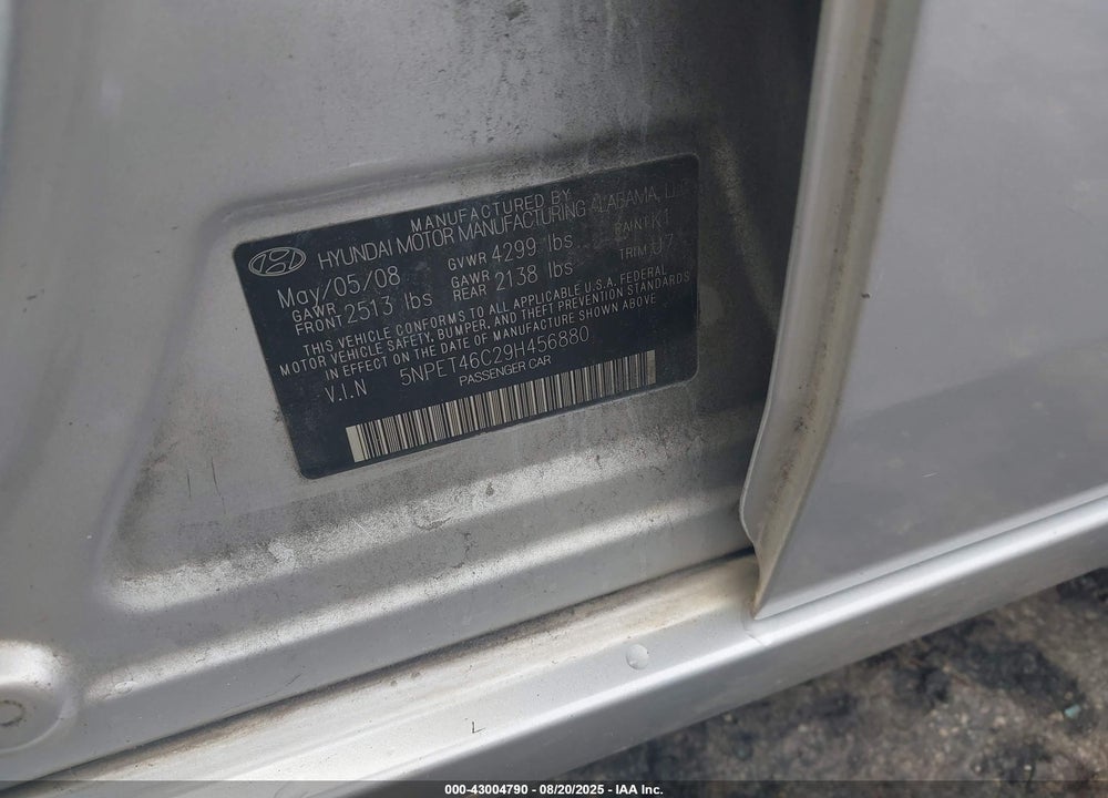 2009 HYUNDAI SONATA VIN: 5NPET46C29H456880