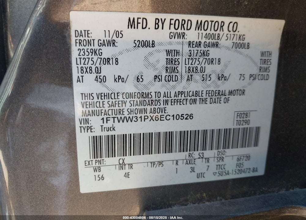 2006 FORD F-350 LARIAT/XL/XLT VIN: 1FTWW31PX6EC10526