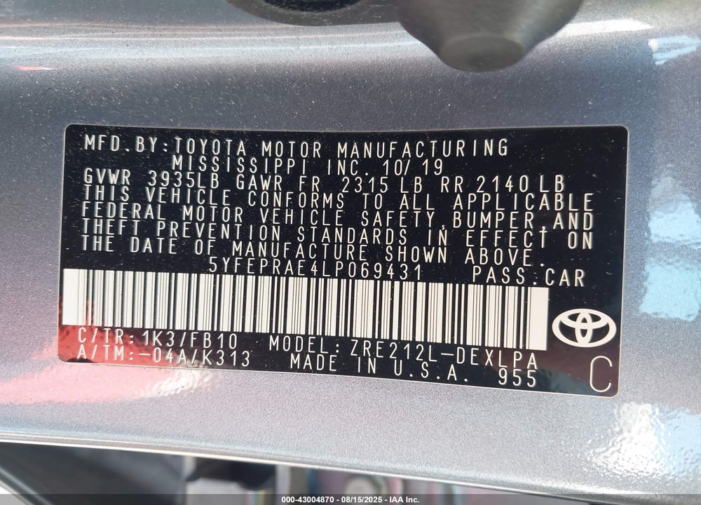 2020 TOYOTA COROLLA VIN: 5YFEPRAE4LP069431