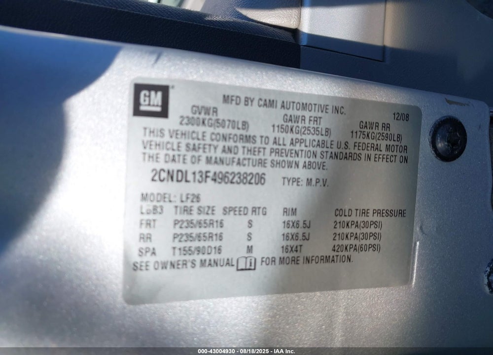 2009 CHEVROLET EQUINOX VIN: 2CNDL13F496238206
