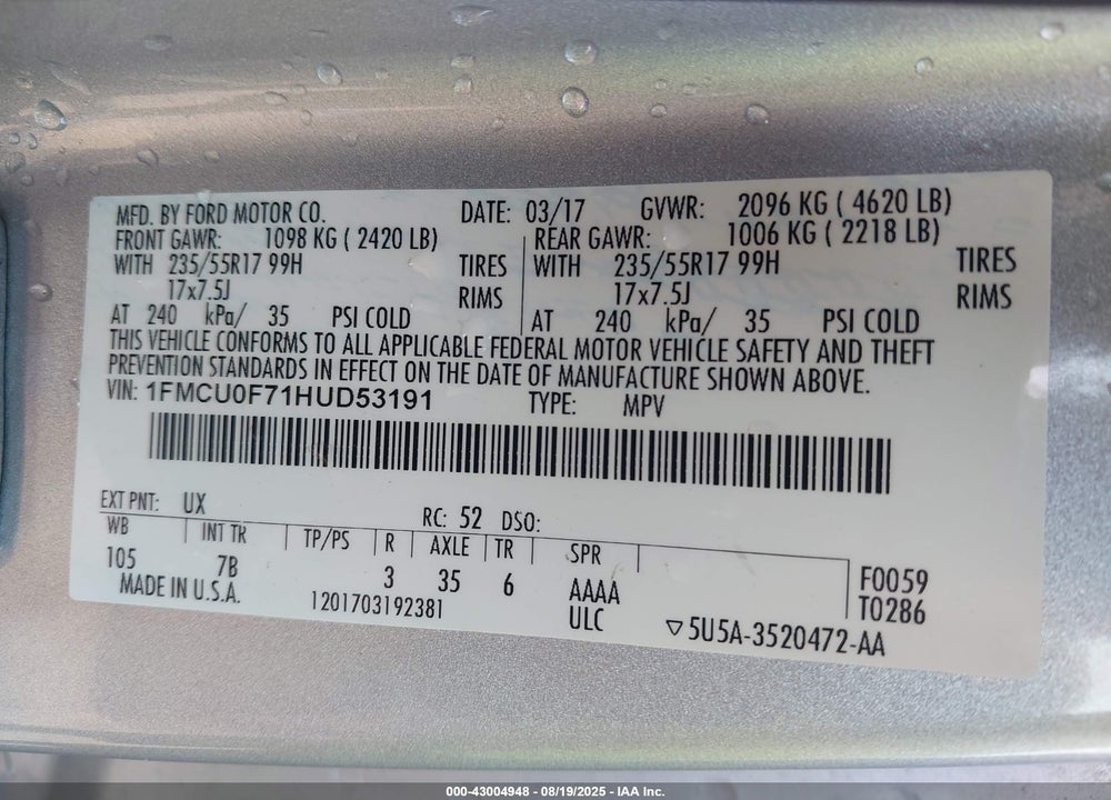 2017 FORD ESCAPE VIN: 1FMCU0F71HUD53191
