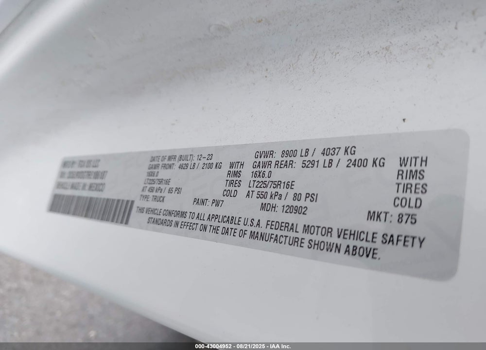 2024 RAM PROMASTER 2500 TRADESMAN HIGH ROOF 159 WB W/PASS SEAT VIN: 3C6LRVDG7RE106187