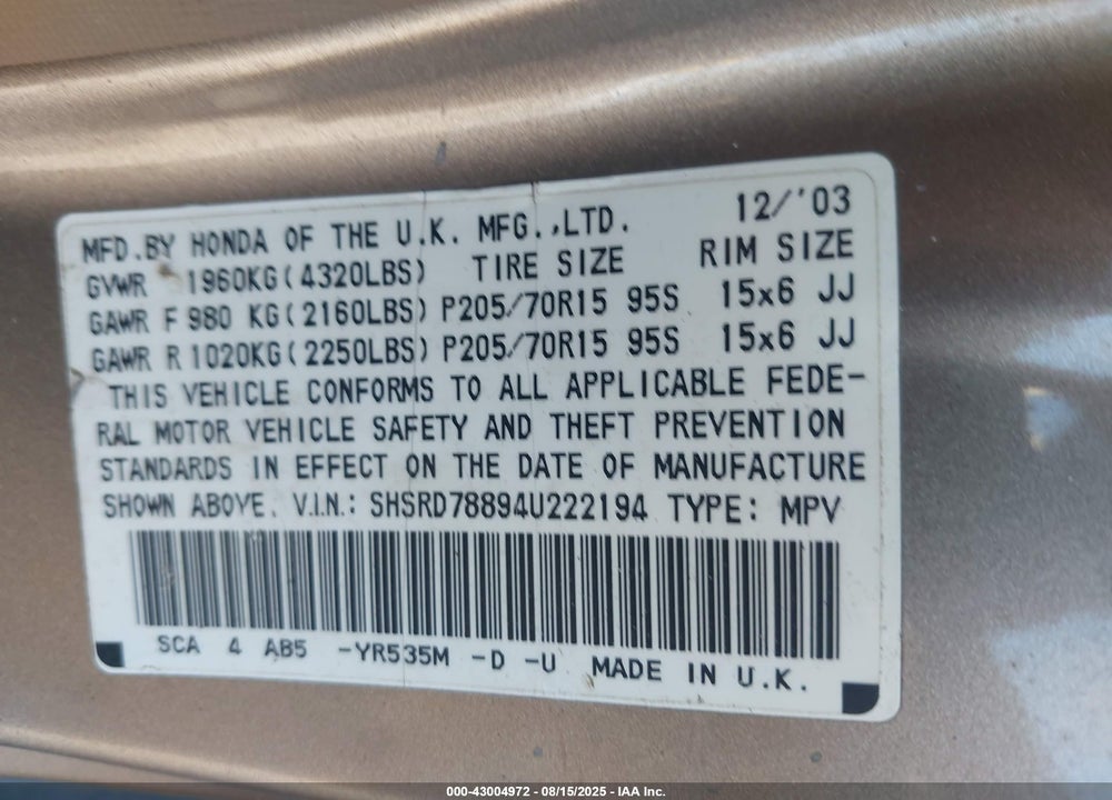 2004 HONDA CR-V EX VIN: SHSRD78894U222194