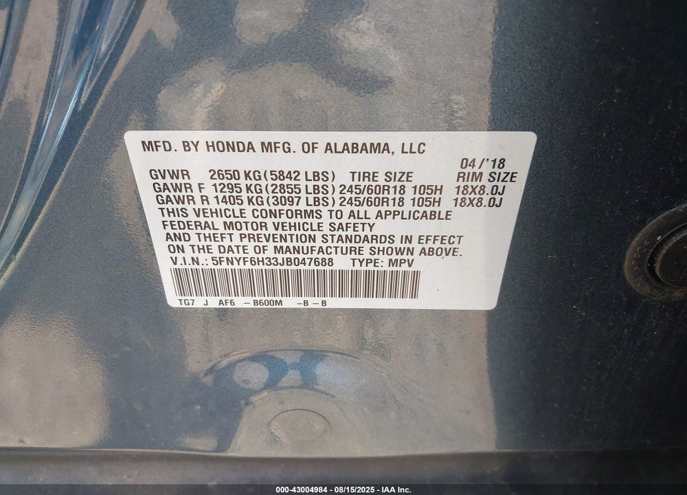 2018 HONDA PILOT EX VIN: 5FNYF6H33JB047688