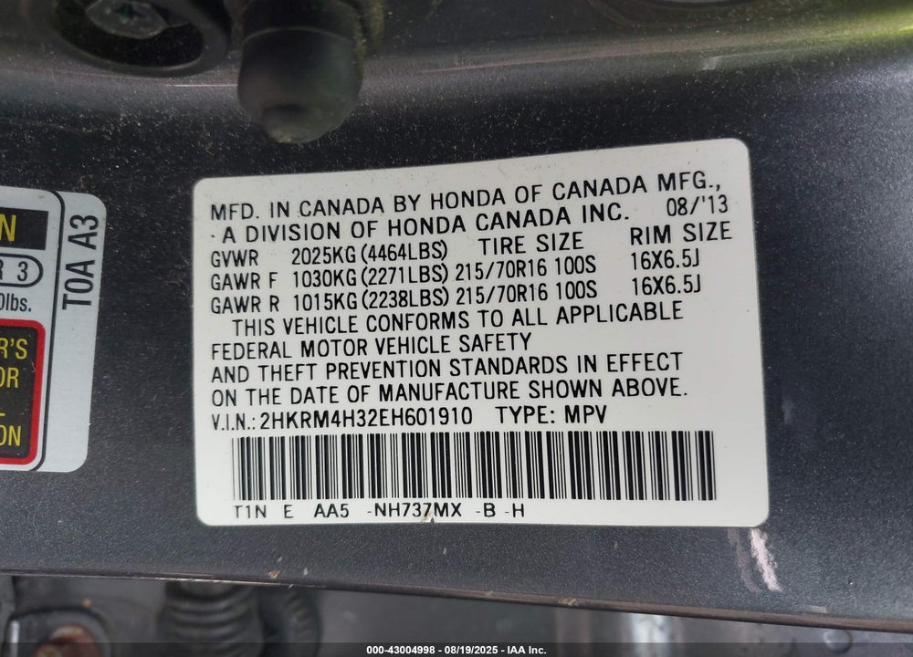 2014 HONDA CR-V VIN: 2HKRM4H32EH601910