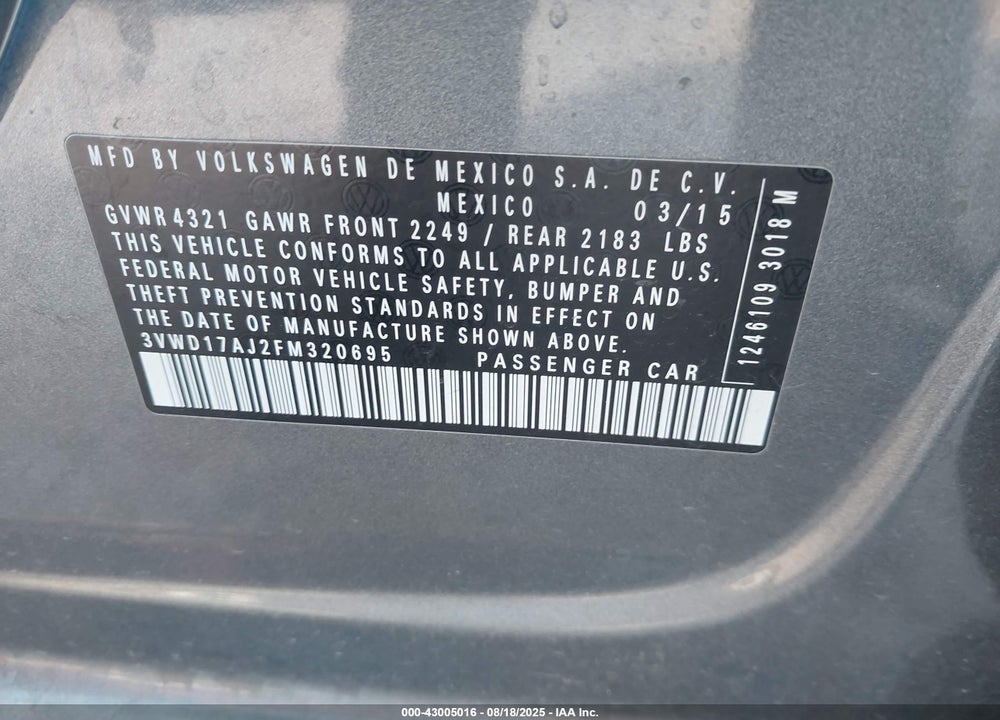 2015 VOLKSWAGEN JETTA 1.8T SE VIN: 3VWD17AJ2FM320695