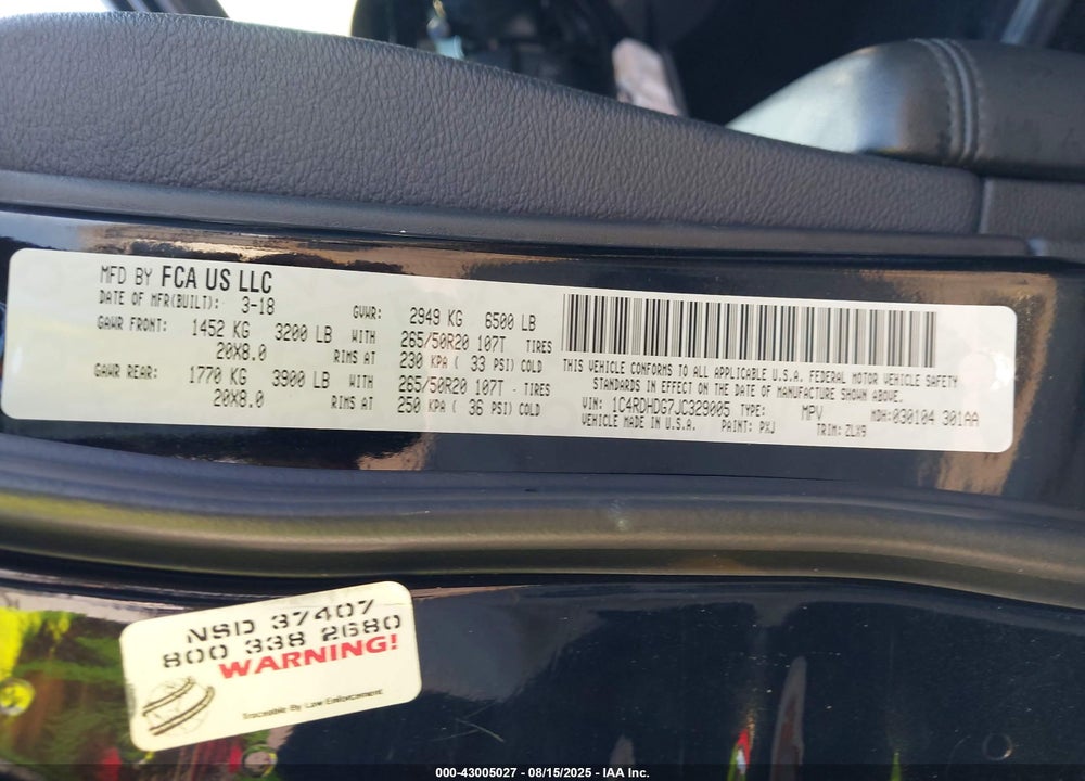 2018 DODGE DURANGO GT RWD VIN: 1C4RDHDG7JC329005