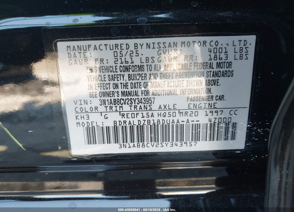 2025 NISSAN SENTRA VIN: 3N1AB8CV2SY343957