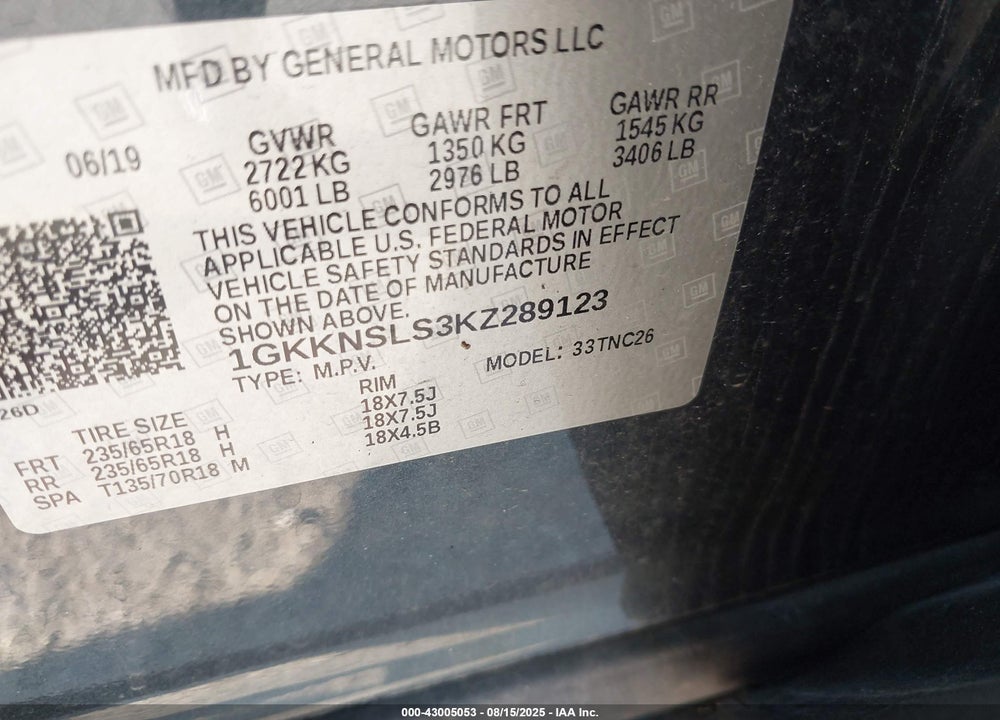 2019 GMC ACADIA SLE-2 VIN: 1GKKNSLS3KZ289123