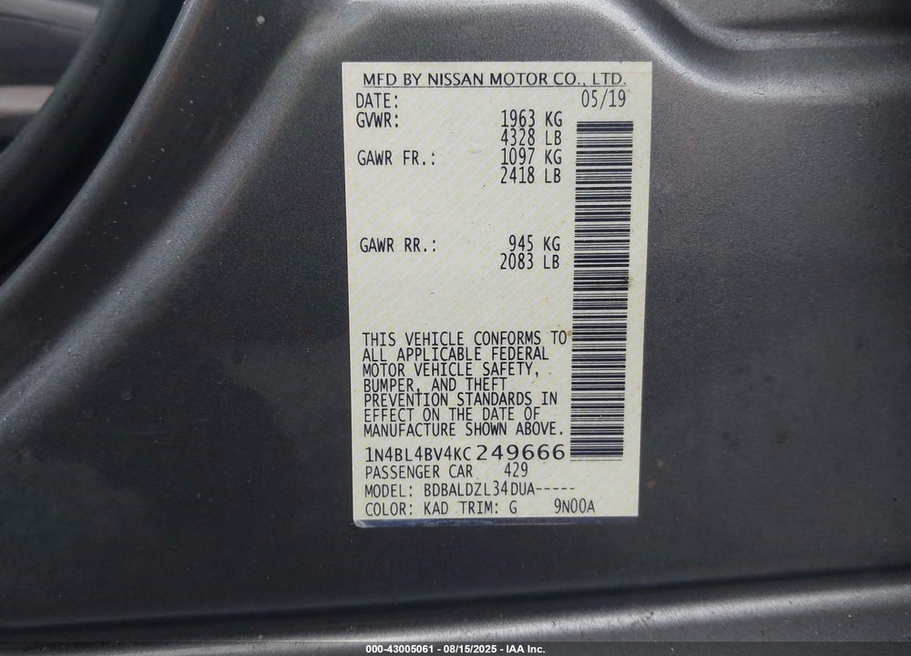 2019 NISSAN ALTIMA VIN: 1N4BL4BV4KC249666