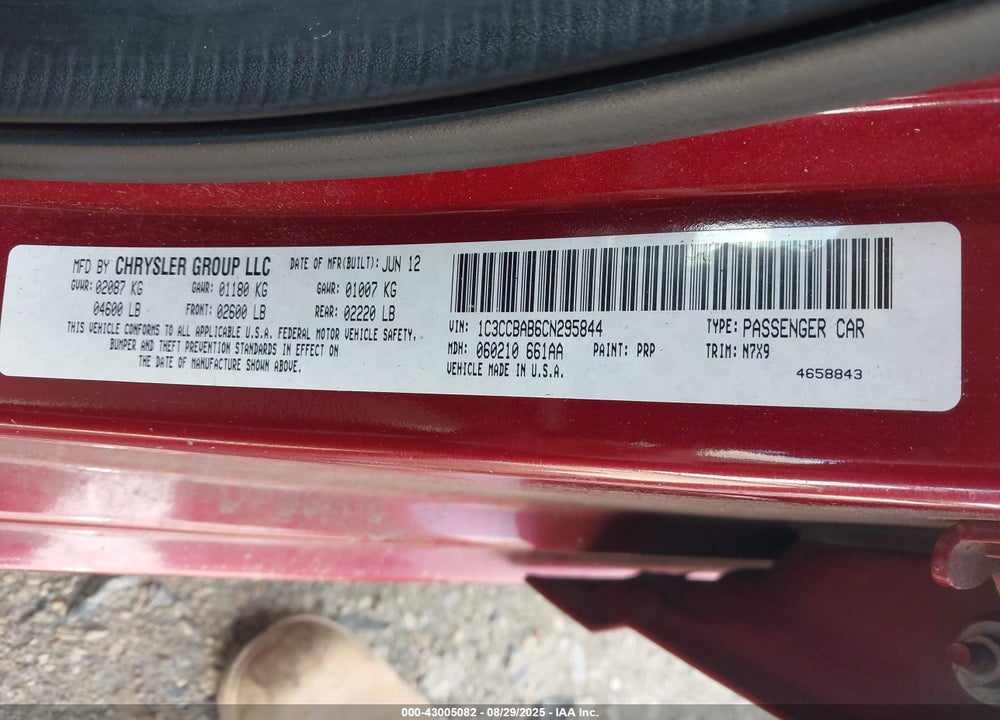 2012 CHRYSLER 200 VIN: 1C3CCBAB6CN295844