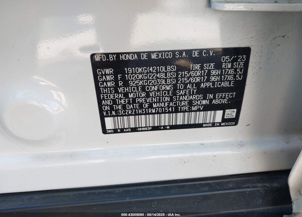 2024 HONDA HR-V VIN: 3CZRZ1H31RM701541