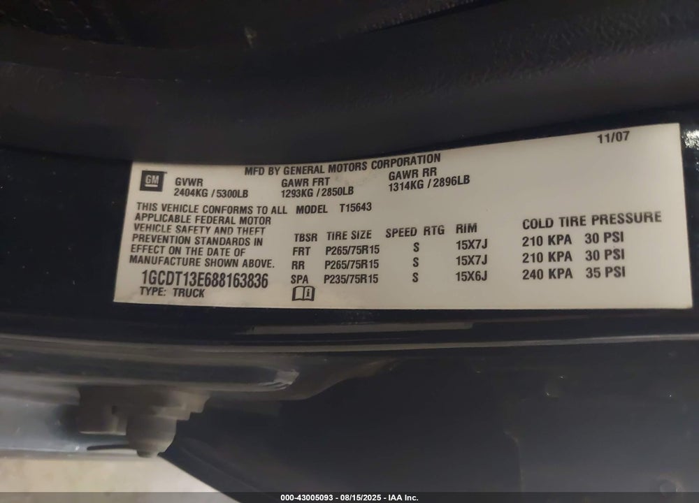2008 CHEVROLET COLORADO VIN: 1GCDT13E688163836