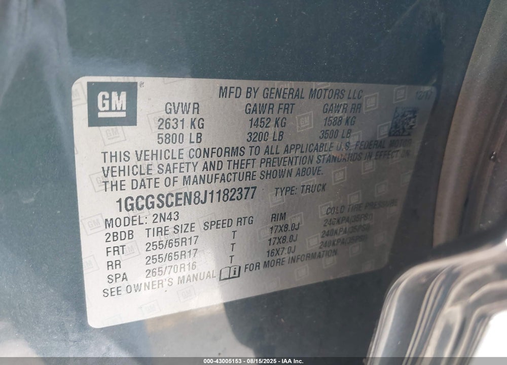 2018 CHEVROLET COLORADO VIN: 1GCGSCEN8J1182377