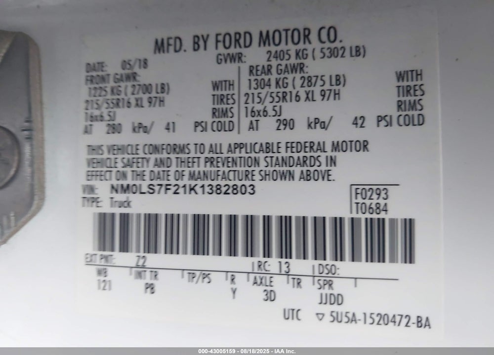 2019 FORD TRANSIT CONNECT XLT VIN: NM0LS7F21K1382803