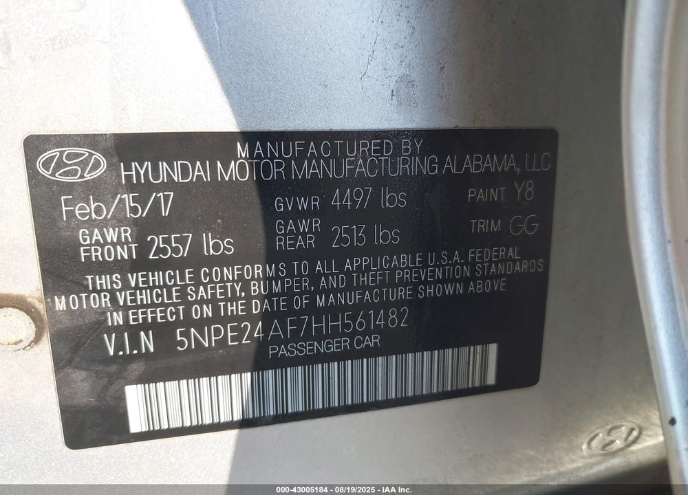 2017 HYUNDAI SONATA VIN: 5NPE24AF7HH561482