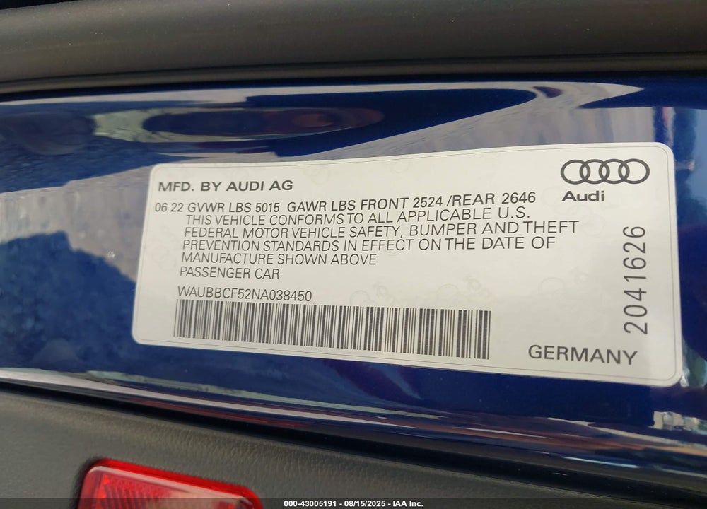 2022 AUDI A5 SPORTBACK VIN: WAUBBCF52NA038450