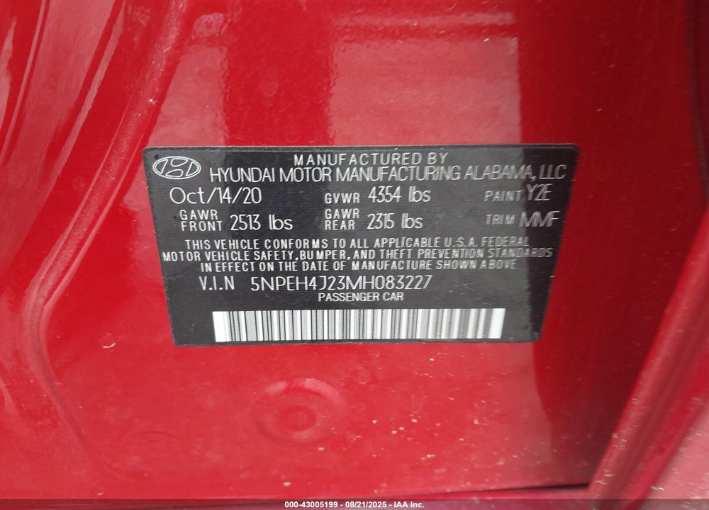 2021 HYUNDAI SONATA VIN: 5NPEH4J23MH083227
