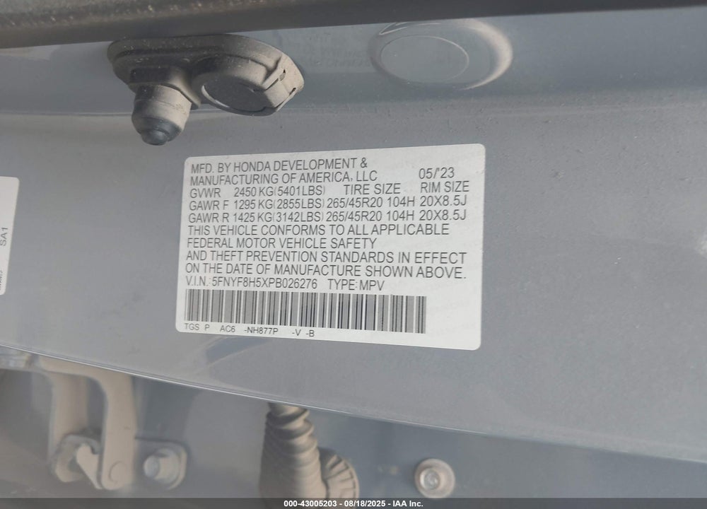 2023 HONDA PASSPORT VIN: 5FNYF8H5XPB026276