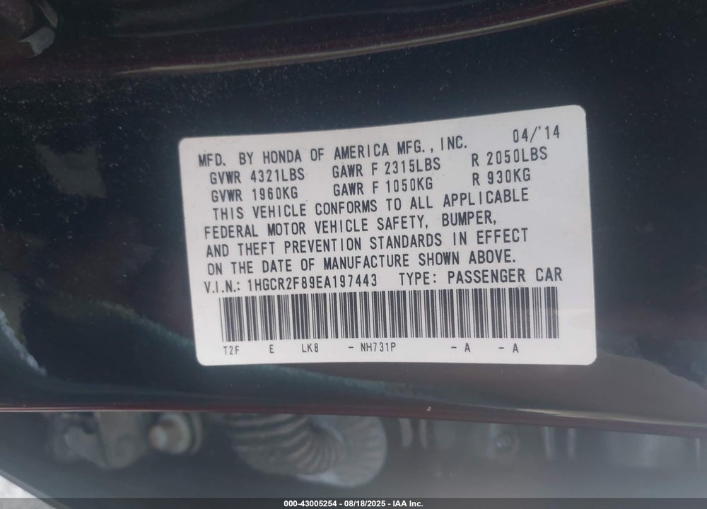 2014 HONDA ACCORD VIN: 1HGCR2F89EA197443