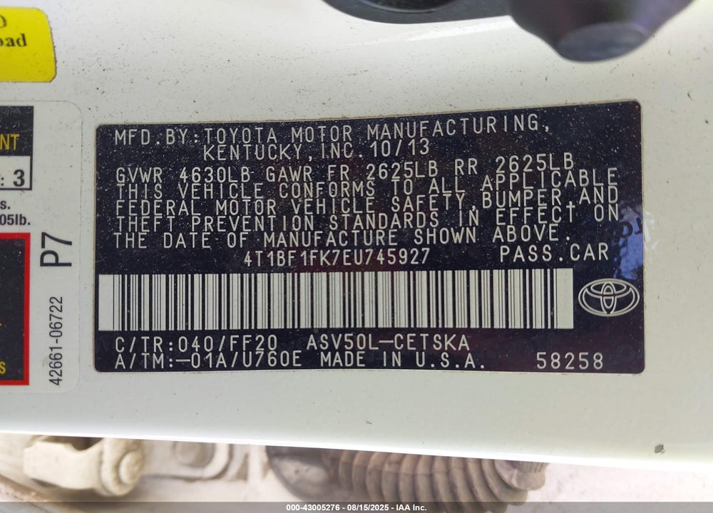 2014 TOYOTA CAMRY VIN: 4T1BF1FK7EU745927