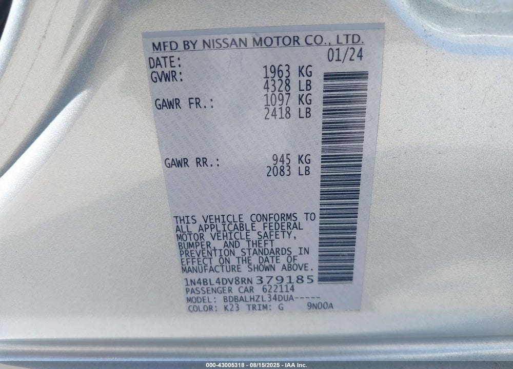2024 NISSAN ALTIMA VIN: 1N4BL4DV8RN379185