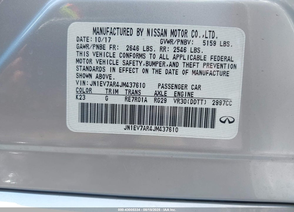 2018 INFINITI Q50 VIN: JN1EV7AR4JM437610