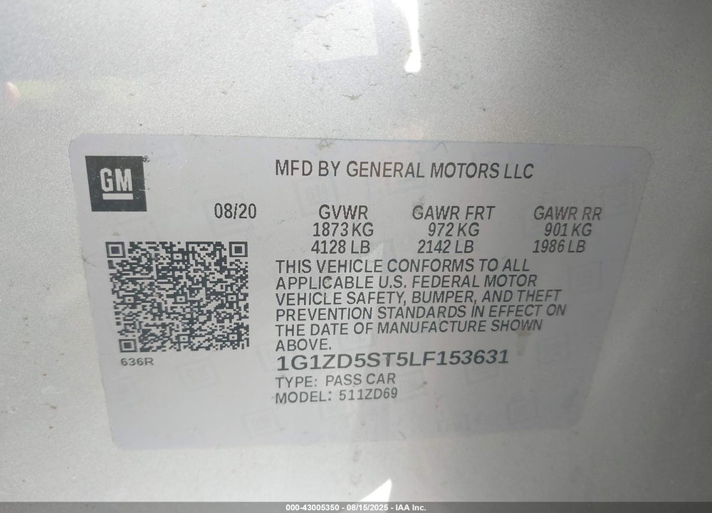 2020 CHEVROLET MALIBU VIN: 1G1ZD5ST5LF153631