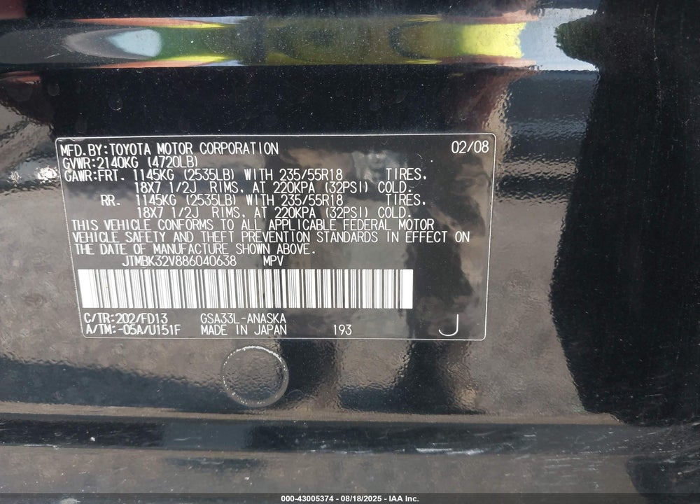 2008 TOYOTA RAV4 SPORT V6 VIN: JTMBK32V886040638