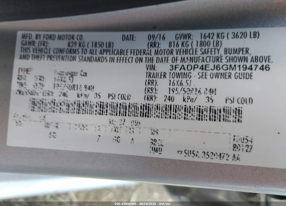 2016 FORD FIESTA VIN: 3FADP4EJ6GM194746