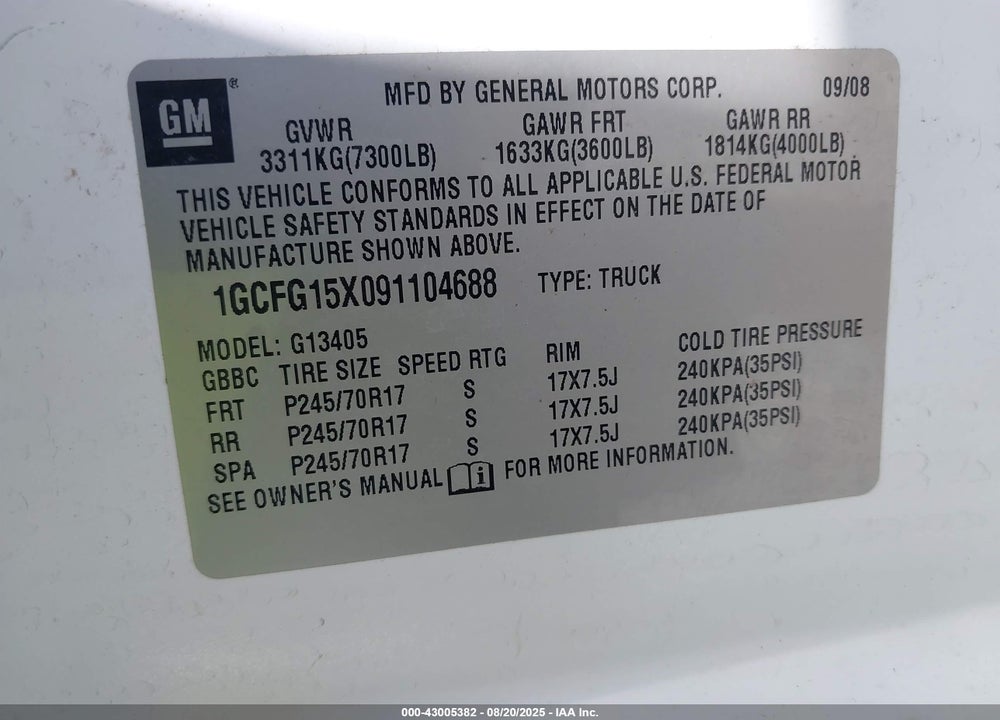 2009 CHEVROLET EXPRESS 1500 WORK VAN VIN: 1GCFG15X091104688