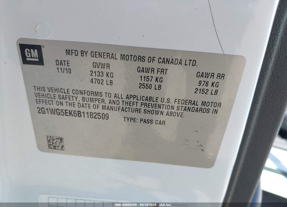 2011 CHEVROLET IMPALA VIN: 2G1WG5EK6B1182509