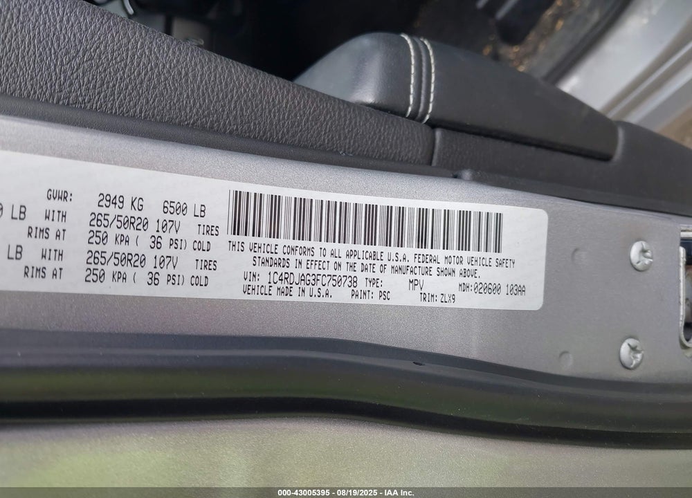2015 DODGE DURANGO VIN: 1C4RDJAG3FC750738