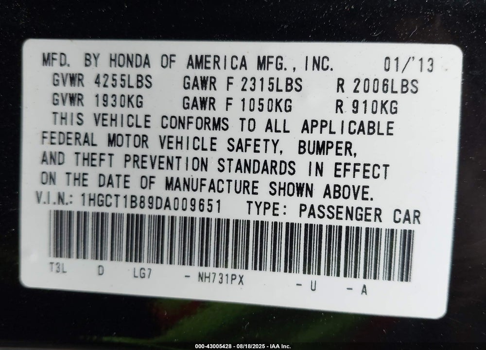 2013 HONDA ACCORD VIN: 1HGCT1B89DA009651