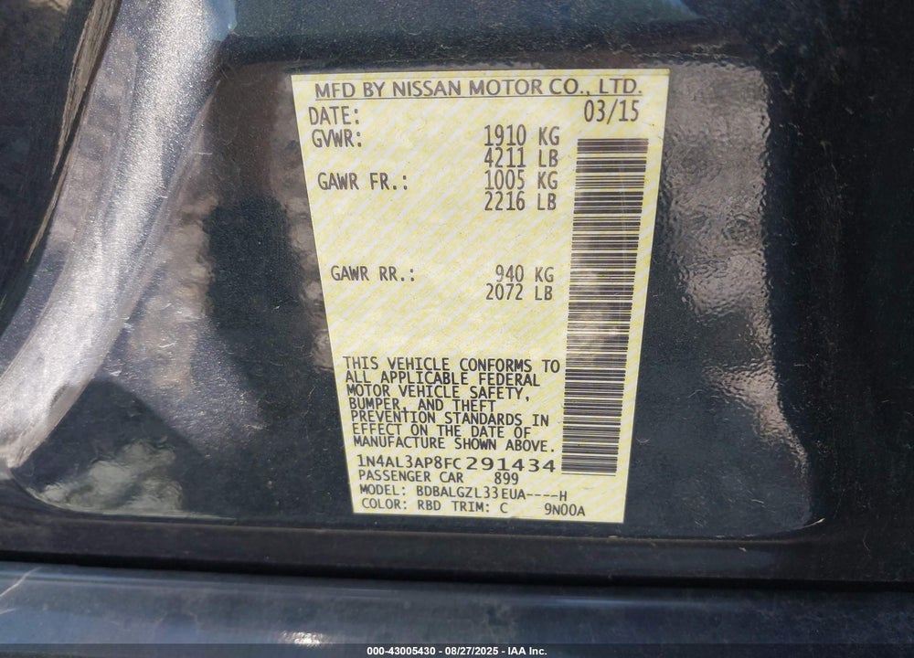 2015 NISSAN ALTIMA VIN: 1N4AL3AP8FC291434