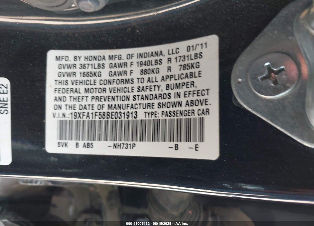 2011 HONDA CIVIC LX VIN: 19XFA1F58BE031913